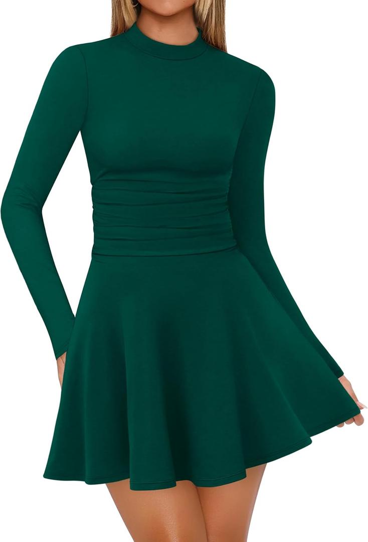 OFEEFAN Long Sleeve Dress Fall Homecoming Formal Party Club Mini Dresses Date Outfits (Small, Green)