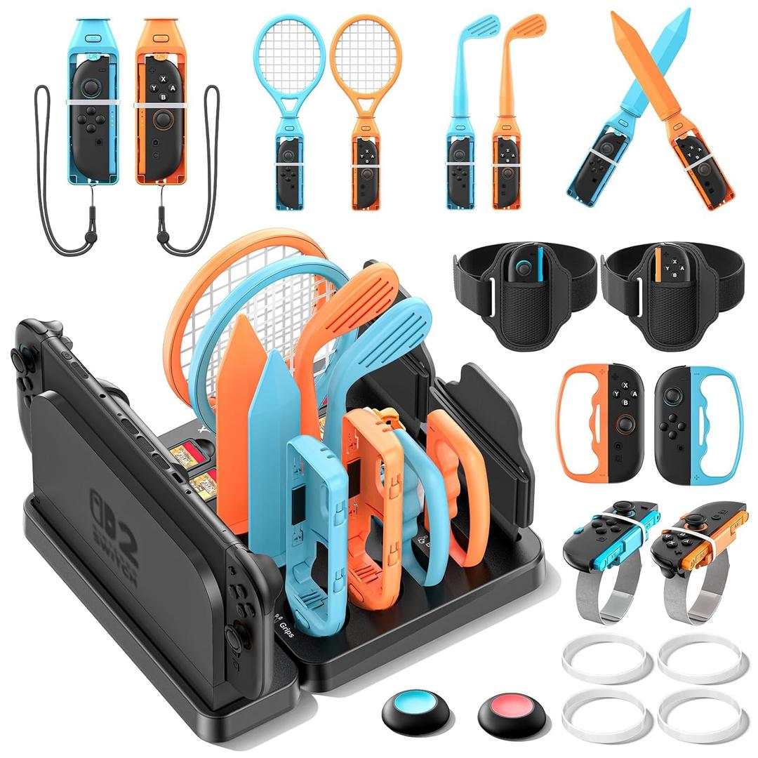 Switch 2 Sports Accessories Bundle with Organizer Station Compatible with Nintendo Switch 2 Console & Joy-con, Storage and Organizer for Switch Sports Games, Family Sports Games Pack Accessories Kit