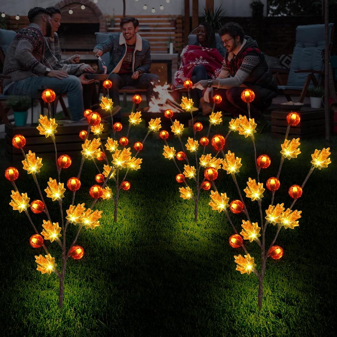 Fall Decor Solar Garden Lights Outdoor for Thanksgiving Decorations,4PACK 80LED Pumpkin Maple Leaf Tree with Friendsgiving Gifts,Solar Fall Decor Lights for Home/Garland/Thanksgiving Day Orange