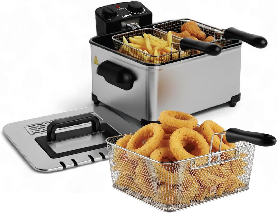 Alpha Living Electric Deep Fryer 4.5L Deep Fryer with Basket with 2-Quart and 4-Quart Baskets High-Grade Stainless Steel Temperature Control and Timer Ideal for Fried Chicken, Fries