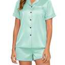 HALCYEEN Women's Satin Short Sleeve Pajama Set Notched Collar Button Down Top and Shorts Comfortable Loungewear(Mint green,XL) (XL)