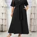 Ekaliy Women's Elegant Wedding Guest Dress Adjustable Tie Front V Neck Ruffle Sleeve A Line Formal Maxi Church Dresses (Black, L)