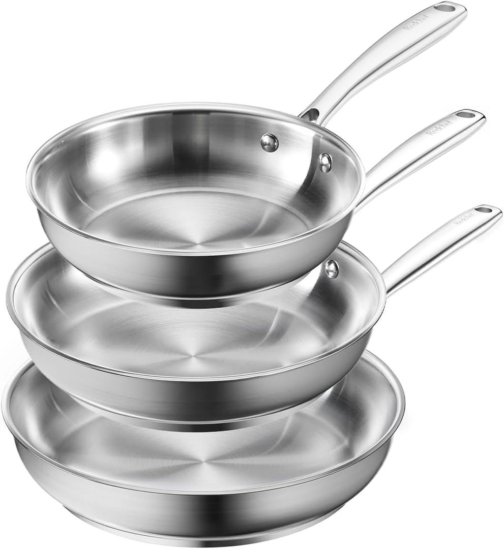 Redchef Stainless Steel Frying Pan Set, Induction Kitchen Cookware Set, Non-Toxic Uncoated Skillets for Searing & Cooking, Oven Safe Stainless Steel Cookware Set, 3-Piece (8", 9.5", 11")