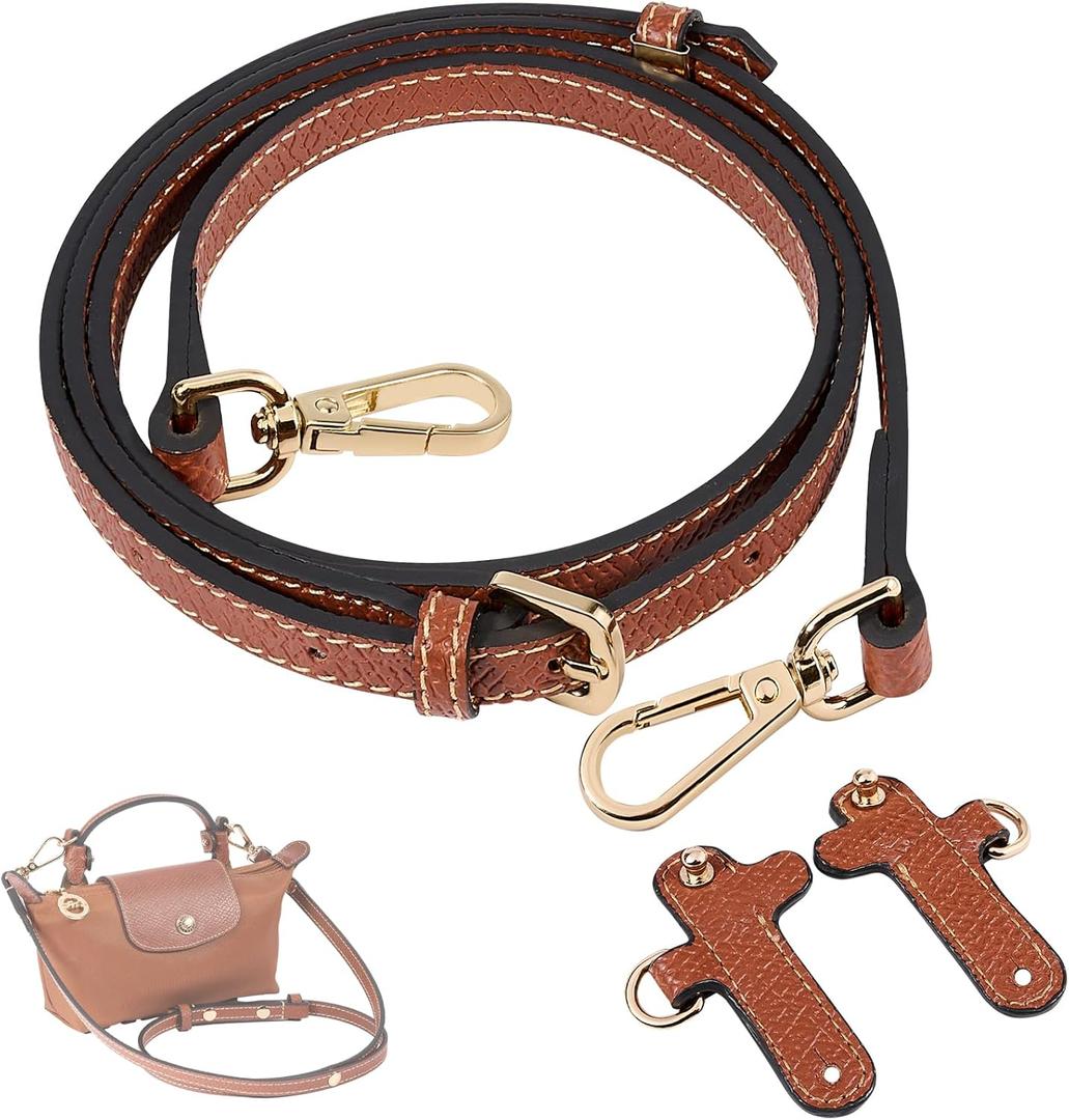 Purse Straps Replacement, Leather Handbag Crossbody Shoulder Strap Kit Adjustable for Mini Longcamp Tote Bag Women (Cognac Gold)