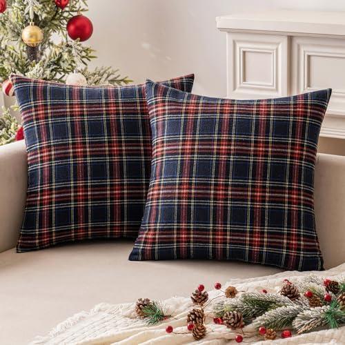 MIULEE Christmas Set of 2 Scottish Tartan Plaid Throw Pillow Covers Farmhouse Classic Decorative Outdoor Square Cushion Cases for Decor Sofa Couch 18x18 Inch, Blue