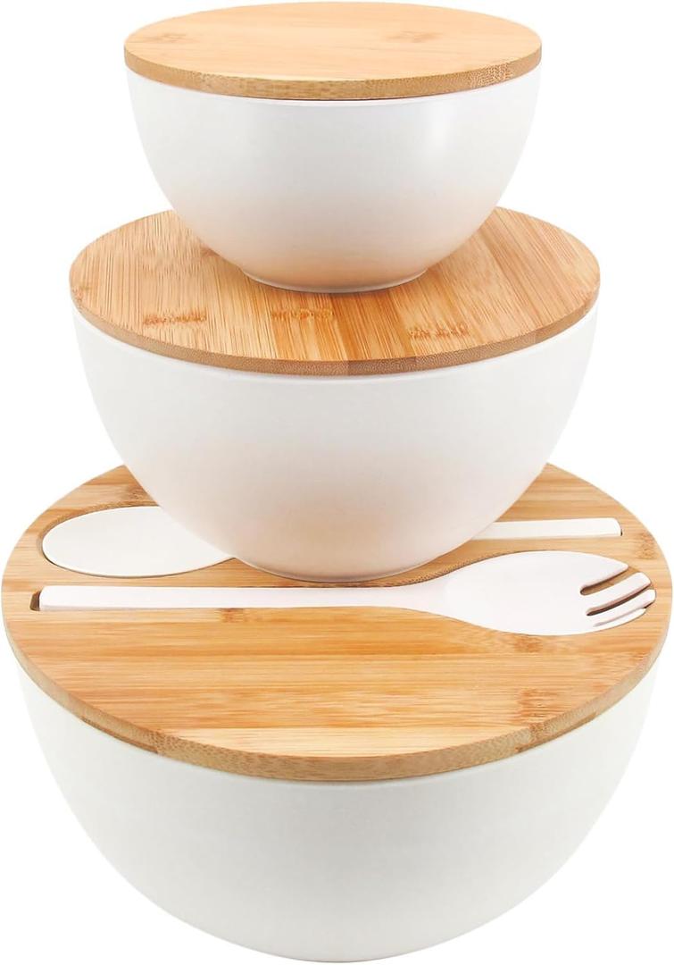 Salad Bowls Set of 3 with Lid & Serving Utensils, Bamboo Fiber Mixing Bowls Set Large Serving Bowls & Storage Set with Bamboo Lid for Salad, Kitchen Eating, Pasta, Popcorn, Chips, Fruit, White