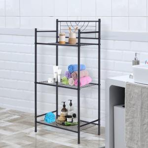 3-Tier Metal Shelf Free Standing Bathroom Tower Storage Rack Corner Rack for Bathroom Laundry Kitchen Office, with 4 Pieces Coat Hook, Black