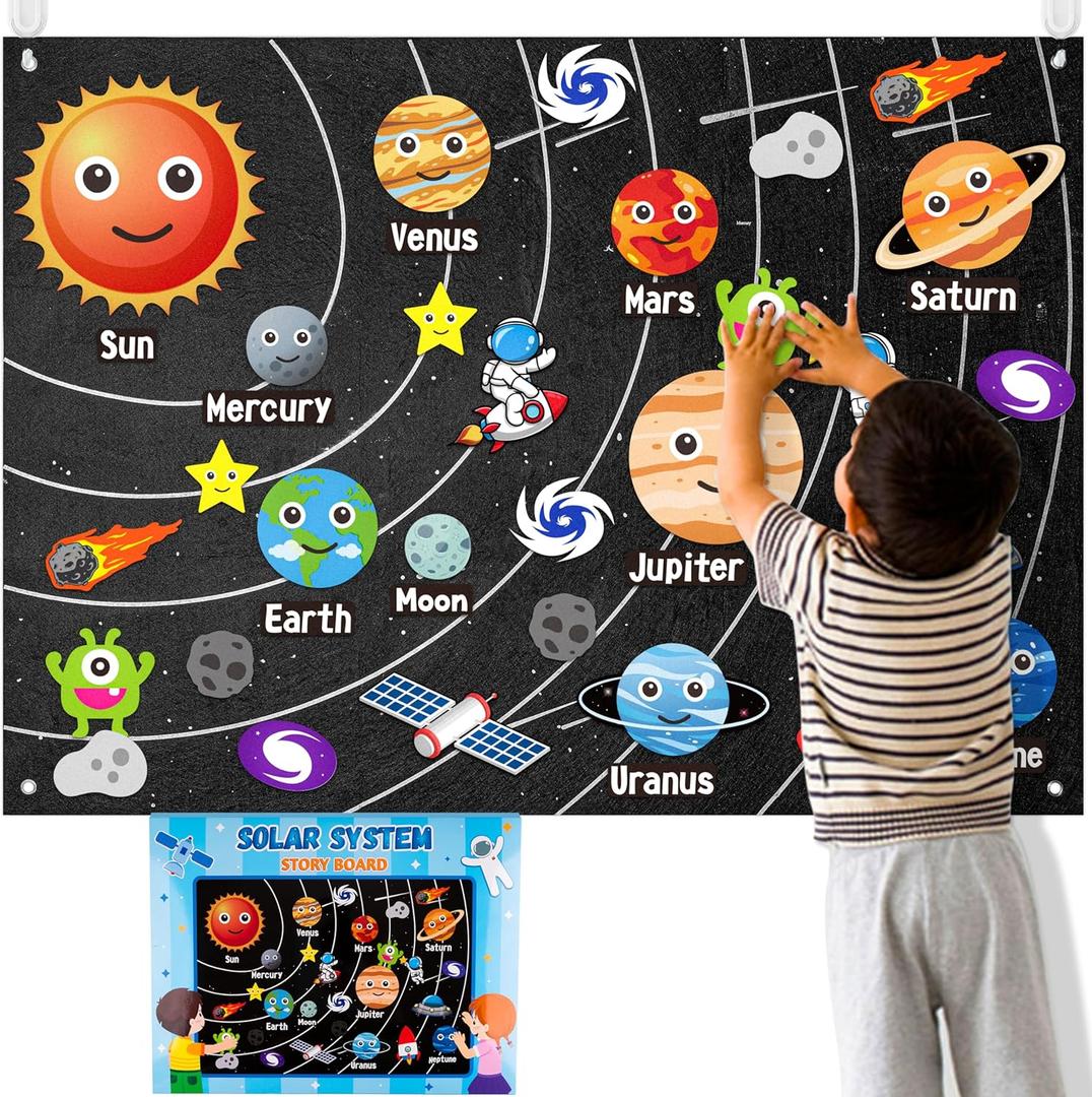 WATINC 44Pcs Outer Space Felt Story Board Set 3.5 Ft Solar System Universe Storytelling Flannel Interactive Play Kit with Hooks Astronaut Planets Alien Galaxy Reusable Wall Hanging Gift for Boys Girls (Black)