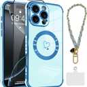 OOK Magnetic Phone Case for iPhone 16 Pro Max [Compatible with MagSafe] Soft TPU Heart Phone Cover with Screen Protector Shockproof Protection Slim Case with Strap Lanyard for Women - Blue