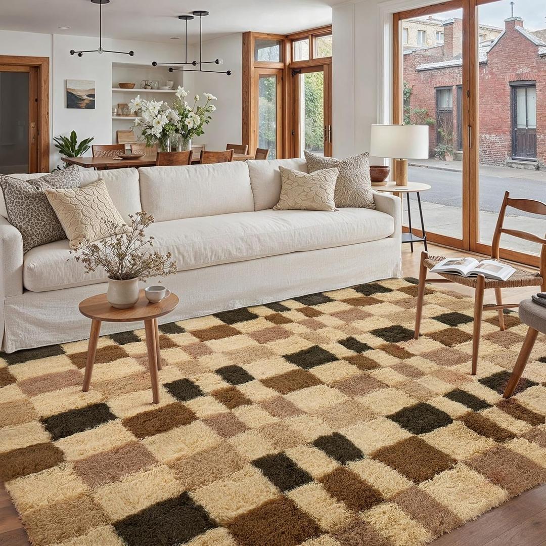 6x9 Checkered Area Rug Brown Fluffy Shag Living Room Carpet Washable Non-Slip Soft Pile Fuzzy Throw Rug for Bedroom Dorm Bathroom Dining Room Home Aesthetic Decor Office