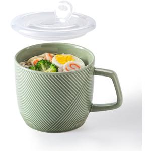 Ceramic Soup Bowl with Lid & Handle: 32 oz Microwave Safe Food Container for Ramen Noodles Cereal Leftovers - Extra Large Mugs for Breakfast Lunch Picnic Camping - Green, Set of 1