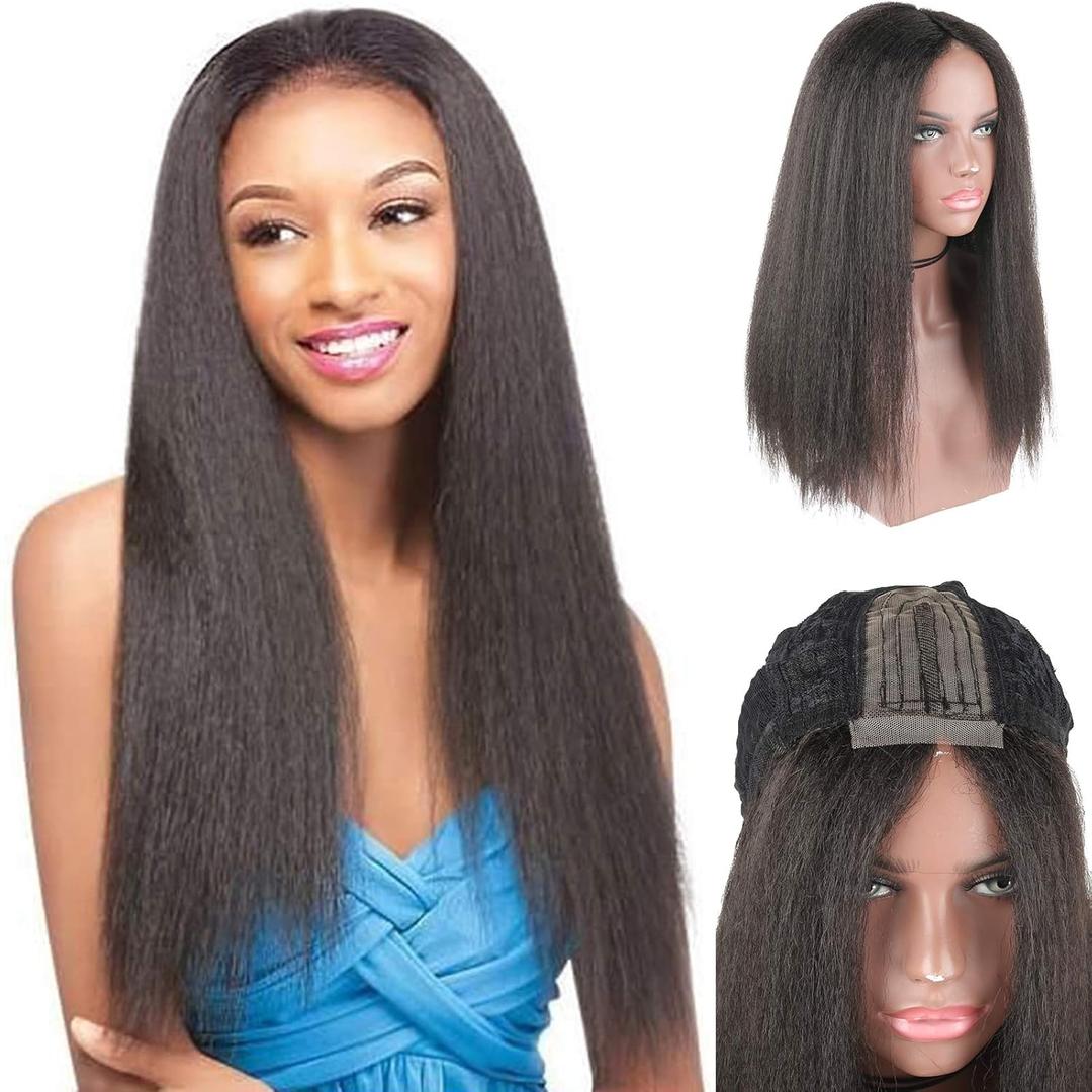 KRSI 22inch Yaki Straight Natural Black T-part Lace Front Wigs for Black Women Long Bob Wigs, Pre Plucked Bleached Knots Lace Front Wig Kinky Straight Half Wigs for Black Women(2#)