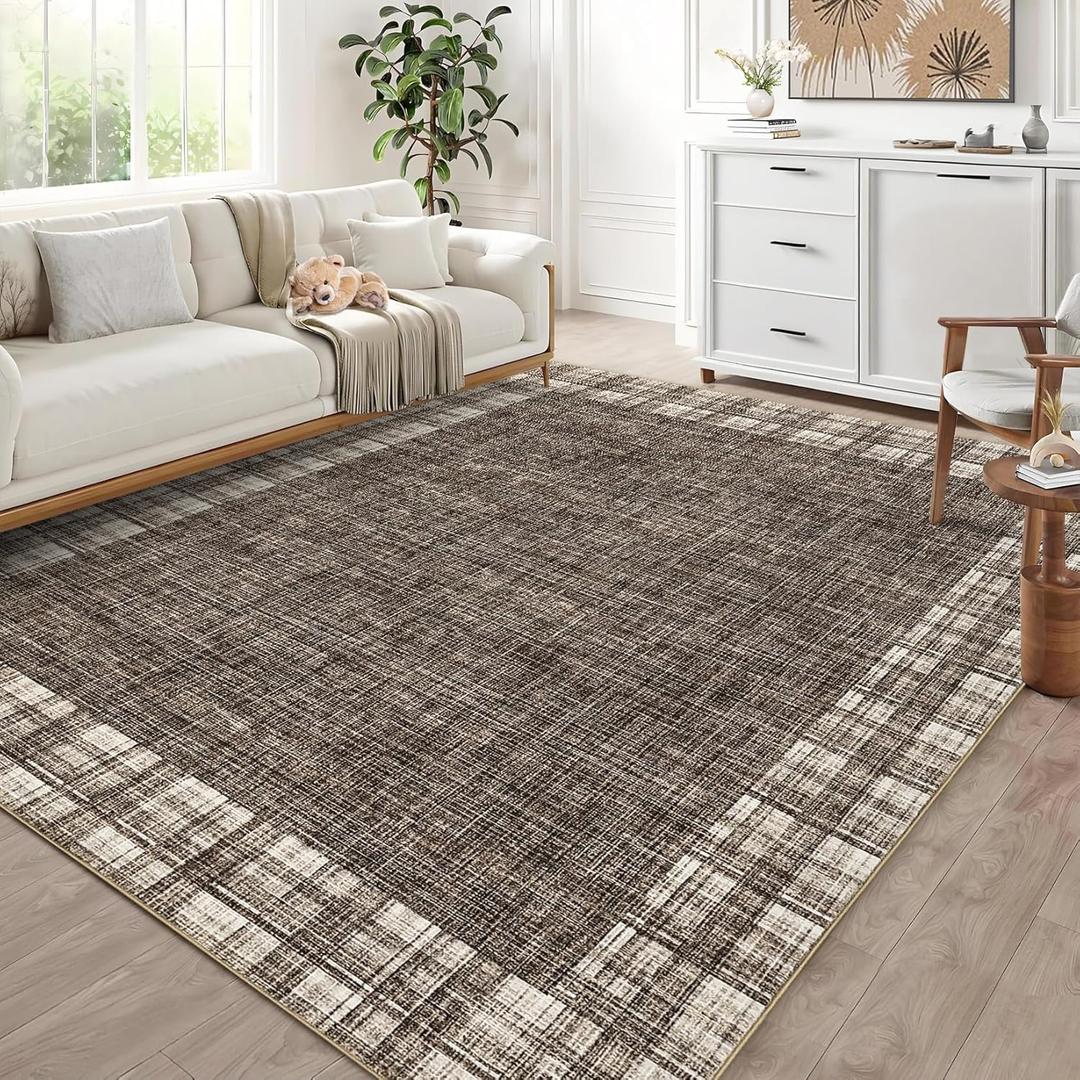 GarveeHome Rugs for Living Room 8x10 Machine Washable Area Rug Modern Plaid Rugs Large Rug Non Slip Low Pile Soft Carpet Indoor Floor Cover for Bedroom, Brown