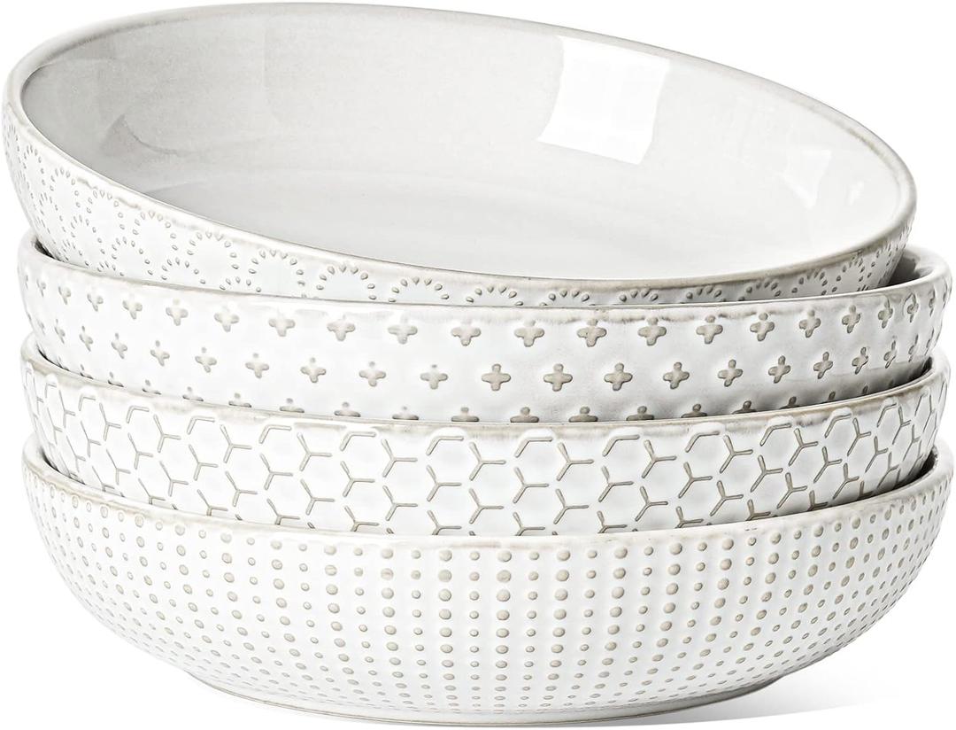 LE TAUCI Pasta Bowl 36 oz, Salad Bowl Serving Plate Bowls, Housewarming Wedding Present, Ceramic Embossment Bowl for Pasta, Fruits, Salad, Noodle, Dinner - 8 Inch, Set of 4, Arctic White