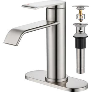 GAGALIFE Bathroom Faucet 1 Hole, Brushed Nickel Bathroom Sink Faucet with Metal Pop-up Drain Supply Lines and Deck, Modern Waterfall Bathroom Faucets Single Handle, JJL-MP-7001BN