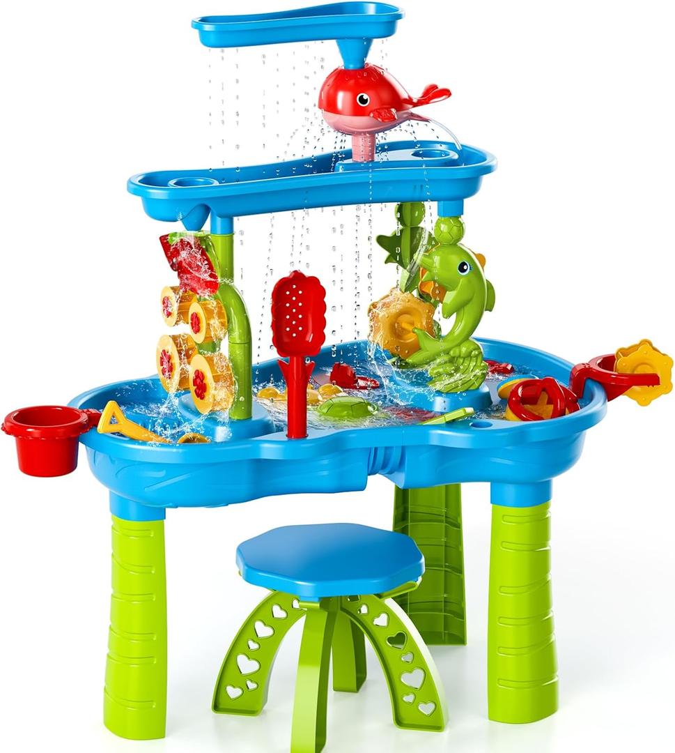 Kids Sand Water Table , 3-Tier Sand Table and Rain Showers Splash Pond Water Table Toys, Activity Sensory Play Table Beach Summer Outside Toy for Toddler Boys Girls