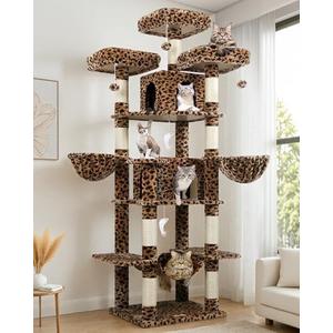 Globlazer Big Cat Tower for Indoor Cats, 80inch Cat Tower for Multiple Adult Cats XXL Cat Tree with Scratching Post, Hammock, 3 Perches, 2 Condos, 2 Hanging Basket, F80, Leopard Print