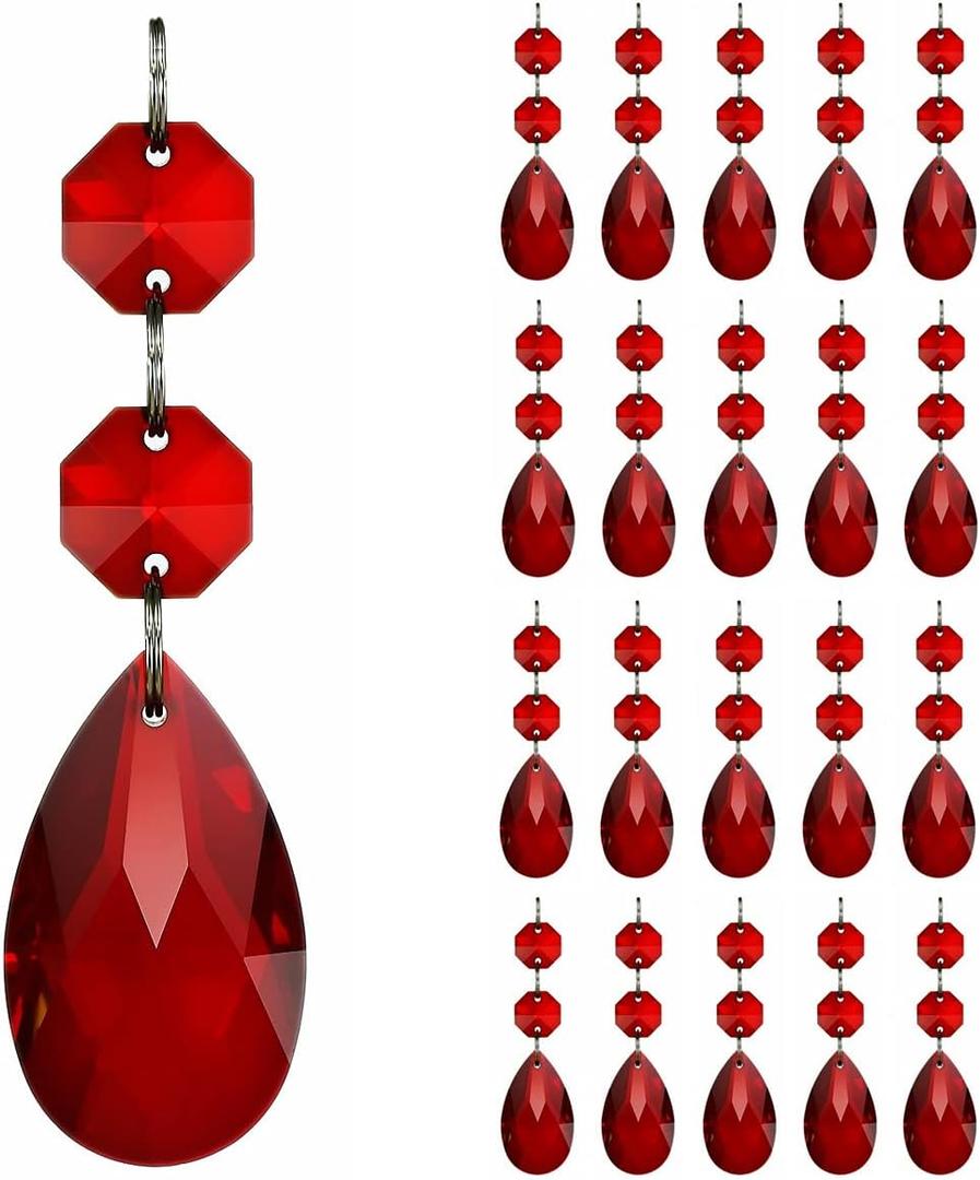 20pcs Teardrop Crystal Chandelier Prism Parts, Hanging Glass Beads for Chandelier Decoration 38mm (Red)