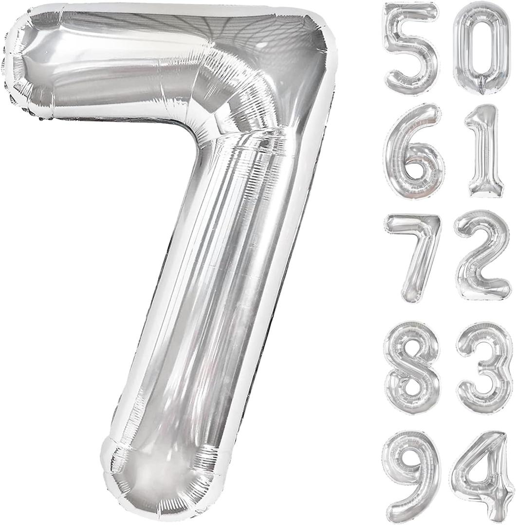 Silver 7 Balloon, Number Balloons 40 Inch, 7th Birthday Decorations for Kids Girls Boys, Silver Party Decoration for Women Men, Number 7 Balloon