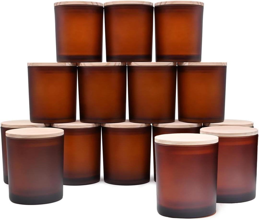 10 OZ Thick Candle Jars for Making Candles 15 Pcs, Empty Jars with Wood Lids for Candle Making, Sample Container, Frosted Brown