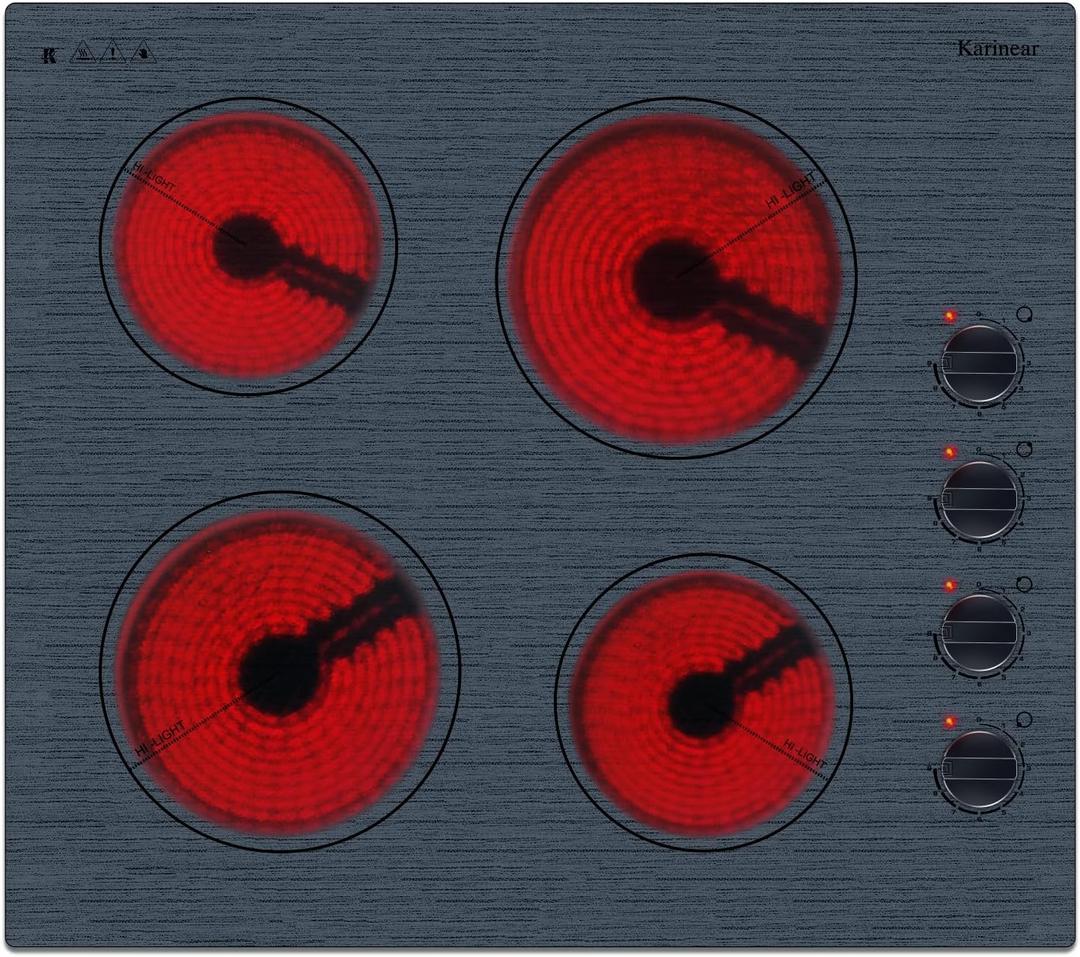 Karinear 4 Burners Electric Cooktop 24 Inch,Electric Stove Knob Control, Built-in Electric Ceramic Cooktop with Beautiful Pattern Glass Surface, 6000W, 220-240v Hard Wired(No Plug)