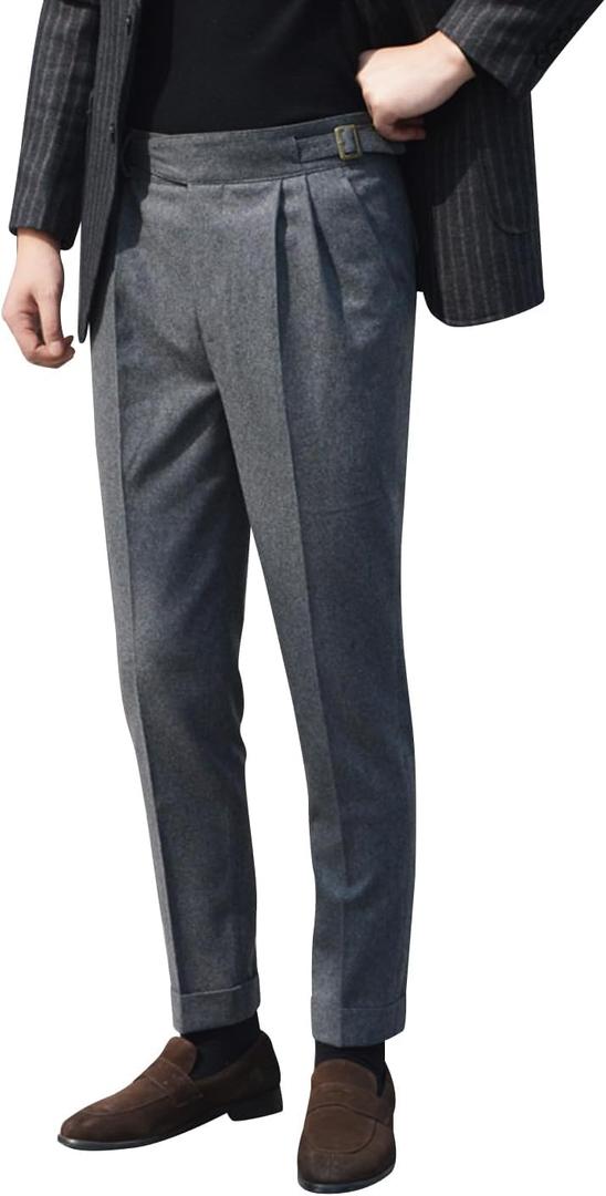 SNOLY Men's Winter Retro Woolen Gurkha Pant Straight Flat Front Chino High Waist Tapered Leg Rolled Pants,Two Styles (Large, 1#grey)