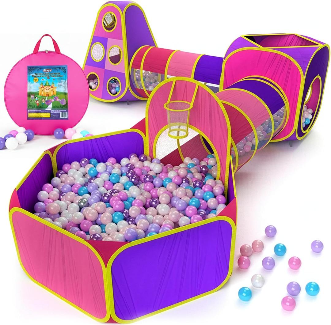 Playz 5pc Kids' Play Tents & Tunnels - Ball Pit for Toddlers, Basketball Hoop, Crawling Tubes, Pop-Up Playhouses, Baby Obstacle Course for Indoor or Outdoor Use (Pink, Purple and Yellow)