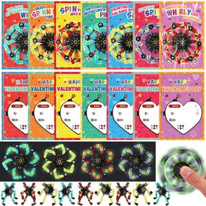 28 Packs Valentine's Day Gifts for Kids, Fidget Spinners with Valentine Cards for Classroom Prize Exchange, Deformable Sensory Toys for Boy Girl Party Favor(Glow)