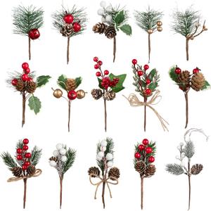 Crafare 15 Pack Small Christmas Picks Assorted Size Red Berry Picks Stems with Pinecones for Christmas Holiday Floral Arrangement Winter Holiday Season Decoration (5in-9in berry stem picks)