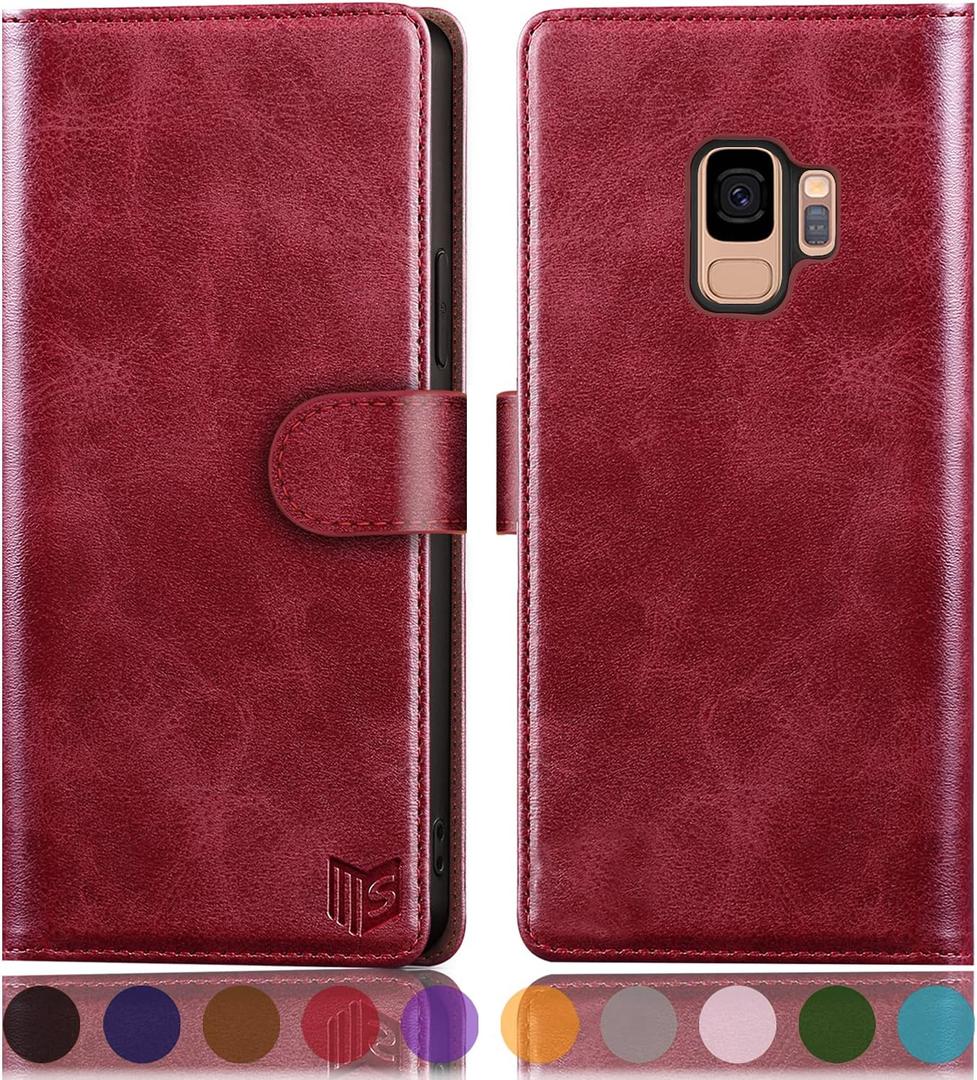 SUANPOT for Samsung Galaxy S9 5.8"(Non S9+) with RFID Blocking Leather Wallet case Credit Card Holder,Flip Folio Book Phone case Shockproof Cover Women Men for Samsung S9 case Wallet Red