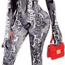 SxClub Clubwear Sexy Jumpsuit for Women Bodycon Long Sleeve See Through Long Skinny Pants for Evening Party (Large, White/Black)