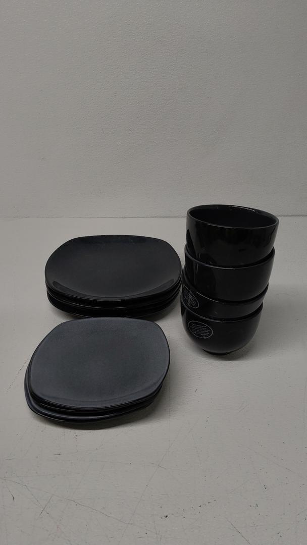 Gallery Table Tops Dinnerware Sets for 4, 12 Pieces Opal Glass Plates and Bowls Set, Dishwasher and Microwave Safe Dish Dinning Ware, Chip and Scratch Resistant Dishware Black Grey