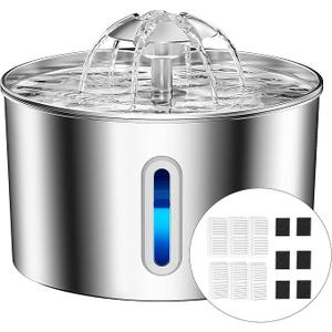 Cat Water Fountain Stainless Steel - 74oz/2.2L Corded Pet Water Dispenser Automatic Silent Cats Dispenser for Drinking Inside Indoor Metal Kitty Spout Fountain with 6 Filters & 6 Sponges