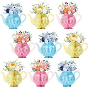 Kathfly 9 Pcs Floral Tea Table Decorations 3D Floral Teapot Honeycomb Centerpiece Princess Spring Teapot Table Centerpieces for Wedding Birthday Party Women Baby Shower Decor