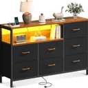 AODK Dresser with LED Lights and Charging Station, 52-Inch Long Dresser for Bedoom with 7 Large Storage Drawers, Fabric Dresser TV Stand with Open Shelves, Vintage (Vintage and Black)