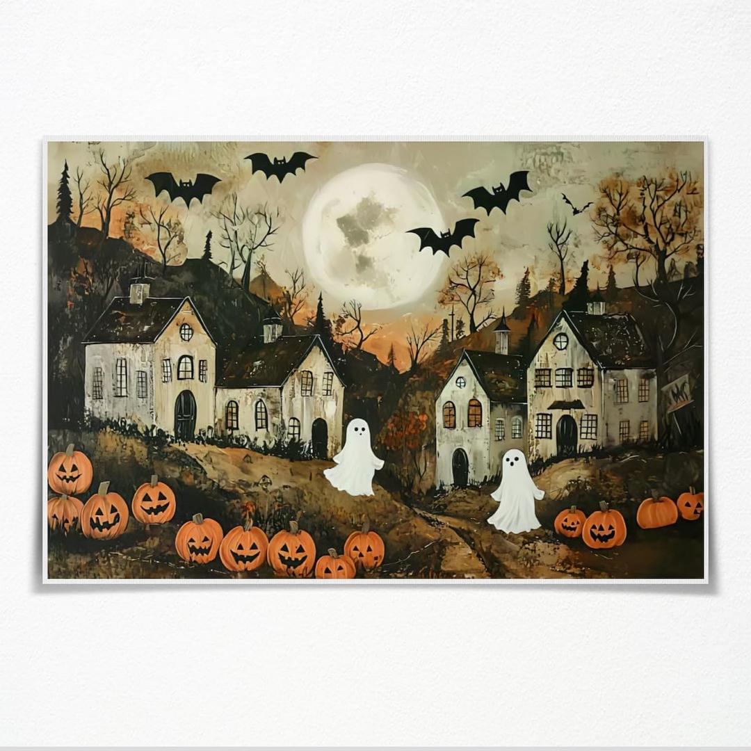 Halloween Town Folk Art Print Ghost Wall Art Poster Pumpkin Vintage Art Dark Academia Halloween Pictures Wall Decor for Living Room Bedroom12x18inch Unframed (style-7)