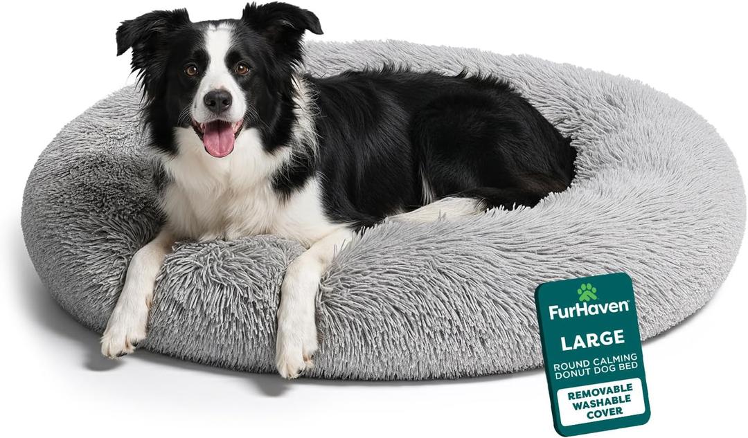 FurHaven 36" Calming Donut Dog Bed for Large Dogs, Round Plush Donut Design with Soft Filling for Snuggling Comfort, Removable Washable Cover, Large, Shaggy Faux Fur, Mist Gray