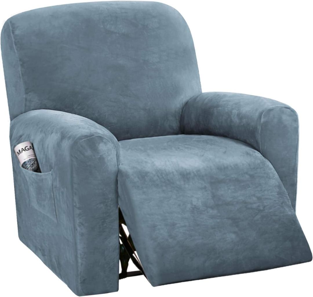H.VERSAILTEX Velvet Stretch Recliner Couch Covers 4-Pieces Style Recliner Chair Covers Recliner Cover for Reclining Chair Slipcovers Feature Non Slip Form Fitted Thick Soft Washable, Stone Blue