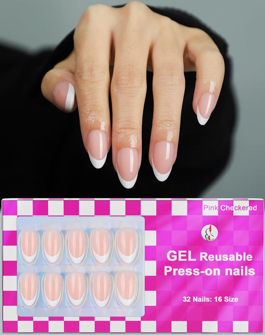 French Almond Gel Press On Nails Short 16 Sizes Fake Nails Glossy 32pcs, Nail Glue Included (French White Tip)