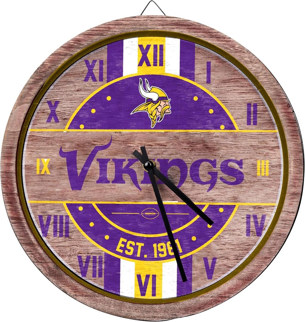 FOCO NFL Wooden Barrel Wall Clock (One Size, Team Color) Minnesota Vikings