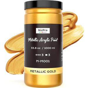 Nicpro Acrylic Paint Metallic Gold, 33.8oz/1000ml Large Gold Leaf Paint, Non Toxic, Non Fading for Art Painting, Handcrafts, Ideal for Multi-surface, Canvas, Wood, Clay, Fabric, Metal, Furniture