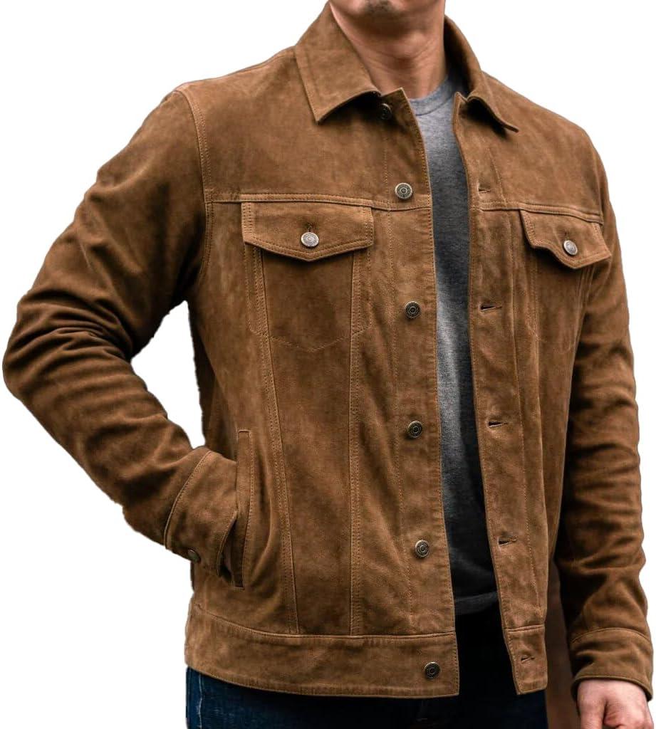 Isaac & David Chicago Vintage Trucker Suede Leather Jacket Men - Denim Biker Cafe Racer Causal Jacket Western Cowboy (US, Alpha, 4X-Large, Regular, Regular, Dusty)