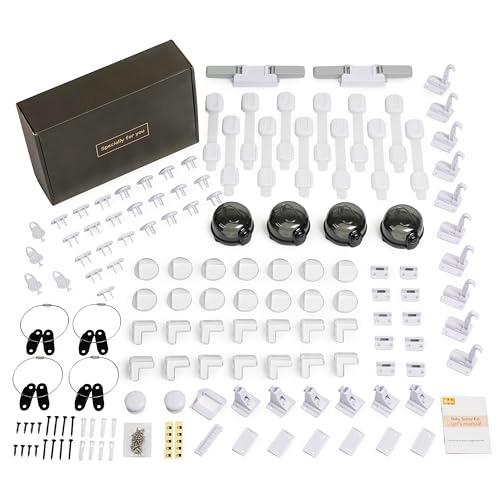 Baitiny Baby Proof Kit, 112 Packs Baby Proofing Essentials Set - Magnetic Cabinet Locks, Corner Guards, Outlet Plug, Furniture Straps, Door Lever Lock - Child Safety Kit for Cabinets, Stove, Furniture
