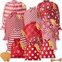 Chumia 12 Pcs Christmas Fabric Gift Bags with Drawstring, Red and White Christmas Gift Reusable Fabric Wrap Bags and 12 Kraft Tags for Xmas Birthday Wedding Party Favors(Snowflake)