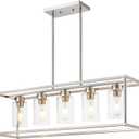 5 Light Dining Room Light Fixture Rectangular Modern Farmhouse Chandelier Brushed Nickel Linear Hanging Pendant Lighting Rectangle for Kitchen Living Room Adjustable Height with Glass Shade