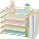 AUPSEN Gold Desk Accessories Organizer,5-Tier Letter Tray Paper Organizer with Adjustable File Holder, Desktop Office Desk Accessories for Office Supplies