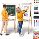 YOHOOLYO Kids Easel Wooden Children Art Easel Paper Roll,Double Sided Magnetic Whiteboard Chalkboard Dry Eraser Adjustable Height for Boys Girls Gifts (Beige)