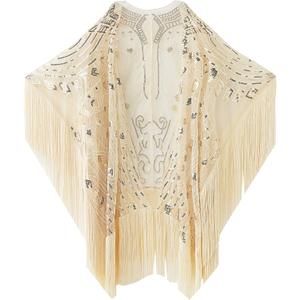 BABEYOND 1920s Sequin Beaded Shawl Wraps Fringed Evening Cape Scarf for Wedding (Beige)