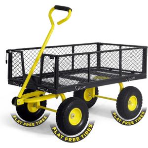 CAPHAUS Metal Black Garden Cart, w/ 180 Adjustable Yellow Handle, w/Mat and Strap, Heavy Duty 880 lbs Capacity, w/ 10 Flat-Free Tires, Sides Removable, Utility Wagon, Lawn Cart, for Garden, Yard
