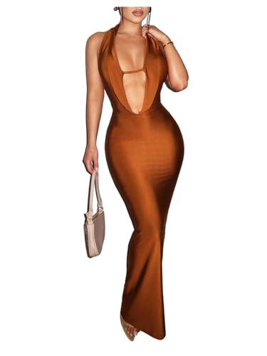 Floerns Women's Deep V Neck Sleeveless Bodycon Dress Draped Front Pencil Maxi Dress Brown Medium
